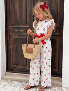 SHEIN Elladie kids 女童數位印花滿版櫻桃圖案連身褲，配紅色腰帶、活力飄逸袖與荷葉邊領設計，柔軟可愛且精緻，適合日常穿著、外出、度假及夏季穿搭 - 白色 - 查看 1