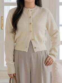 Dazy Plus Solid Color Casual Round Neck Elegant Versatile Cardigan Knit Sweater Autumn/Winter - Apricot - View 4