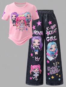Genkimix Kids 少女 T 恤套裝，穿搭！粉色 T 恤搭配黑色長褲，甜美酷感配色，卡通印花上衣與下裝套裝，完整造型，可愛韓風女孩，清新吸睛，開學季 - 黑色 - 查看 6