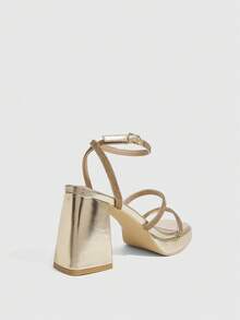CUCCOO SZL Womens Gold Rhinestone Ankle Strap Chunky Heeled Platform Sandals - Gold - View 3