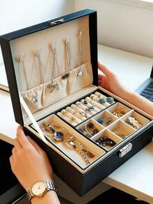 Lockable Double-Layer Large Capacity Jewelry Box, Luxury PU Leather Jewelry Storage Box, Desktop Organizer Container, Jewelry Accessory Holder For Necklaces, Earrings, Rings, Bracelets, Holiday Gift - Multicolor - View 7