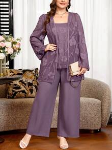 Reflora Plus Size Women 2 Pieces Set Autumn Winter Elegant Purple Rhinestone Decor Party Outfit Fall - Dusty Purple - View 9