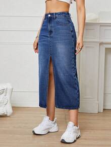 SHEIN EZwear 女款高腰口袋開衩下擺休閒牛仔裙 - 深色水洗藍 - 查看 6