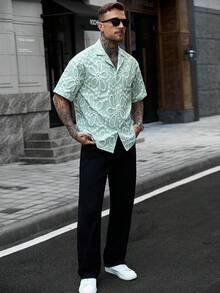 Manfinity CasualCool 男士花卉紋理單排扣短袖襯衫 - 綠色 - 查看 6