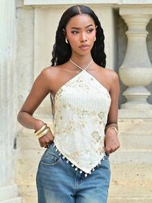 Mima John Women's Sexy Sequin Embroidered Backless Halter Top For Vacation Suitable For Beach Vacation, Casual, Holiday , Going Out, Party, Spring Summer, Festival, Elegant Party , Beach Vacation, Wedding Guest Sets, Formal Graduation, Work For Women - Apricot - View 6