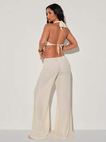 Normani Summer/Autumn Festival Party Prom Graduation Prom Casual Vacation Country Y2k Women's Solid Color Halter Tie Backless Metal Decor Daily Jumpsuit - Apricot - View 3