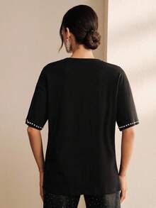 Anewsta Women's Elegant Casual Rhinestone Embellished T-Shirt, Suitable For Daily Commute Night Out Black Summer - Black - View 2