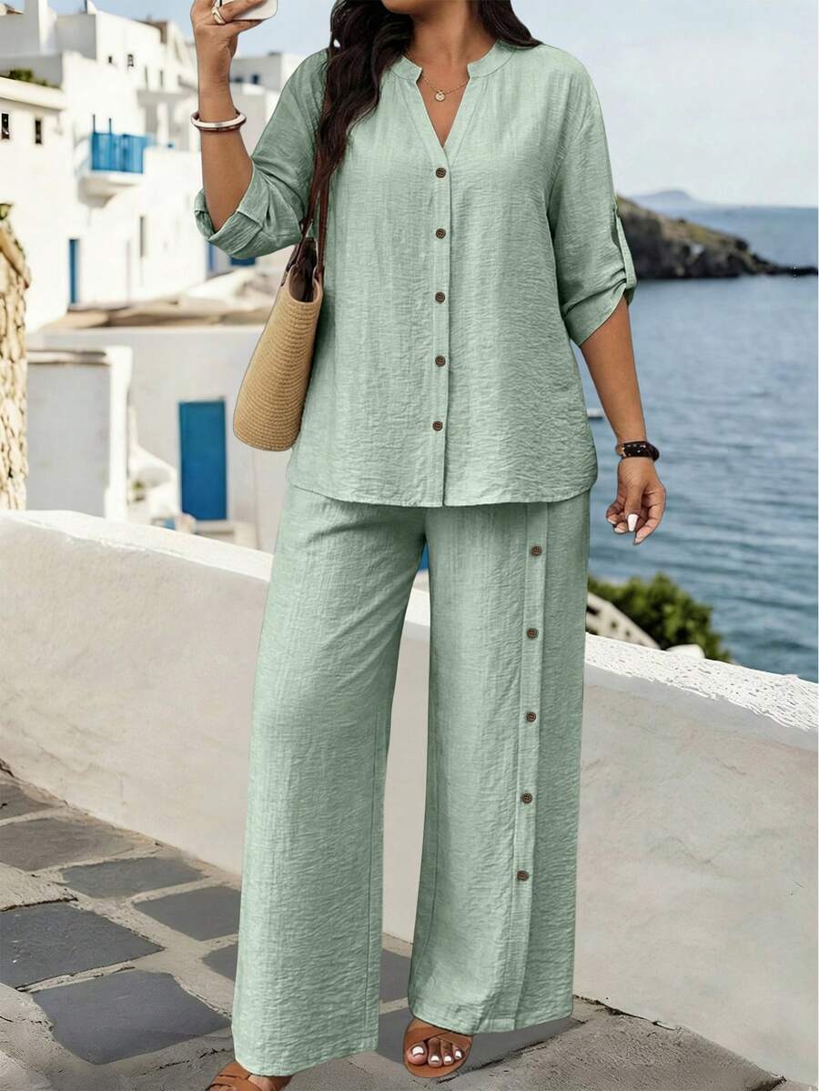 SHEIN LUNE CURVE Plus Size Women 2 Pieces Set: Textured Single-Breasted V-Neck Shirt And Casual Pants - Green - View 1