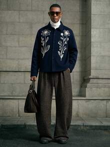 AKNOTIC Men's Floral Embroidered Pattern Casual Versatile Daily Wear Winter Long Sleeve Jacket - Blue - View 6