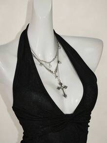 SHEIN ICON 休閒深V領打結掛脖背心上衣 - 黑色 - 查看 10