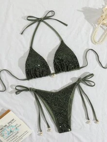 Costavie Swim Basics 2-Piece Spring/Summer Beach Vacation Sequin Textured Fabric Pearl Decor Halter Triangle Bikini Top And Side Tie Bikini Bottom Sexy Bikini Set - Army Green - View 6