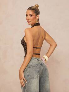 Lumalex Metal Decor Backless Hanging Ribbon Satin Top For Women - Brown - View 7