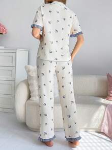 CottageSlumber Women's Floral Print Frill Trim Button Front Pajama Set - Blue - View 2