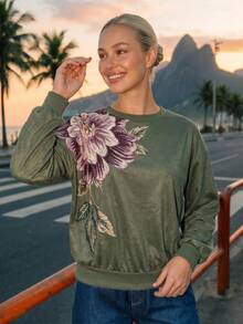 CAJUNI Olive Green Printed Sweater Elegant Casual Chic Winter Vacation - Army Green - View 4