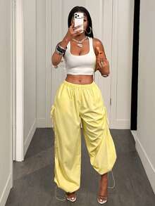 BamGleam Women's Casual Street Loose Drawstring Pocket Long Pants Vacation Light Yellow Autumn - Black - View 7