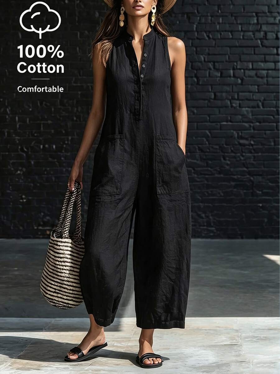 SHEIN PETITE This Pure Cotton Black Jumpsuit Is Lazy And Slimming, With Cargo Pockets And Wide-Leg Silhouette, Creating A Relaxed Vibe! - Black - View 1