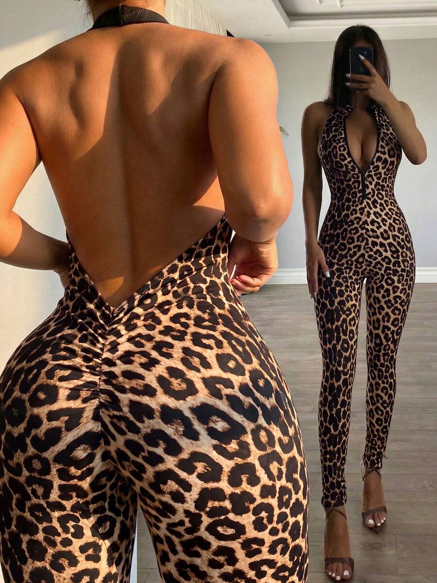 SHEIN SXY Sexy Leopard Print Backless Halter Neck Zipper Tight Jumpsuit - Multicolor - View 1
