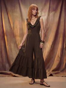 Fembélia Women's Solid Color Patchwork Ruffle Wide Leg Sleeveless Jumpsuit - Brown - View 3
