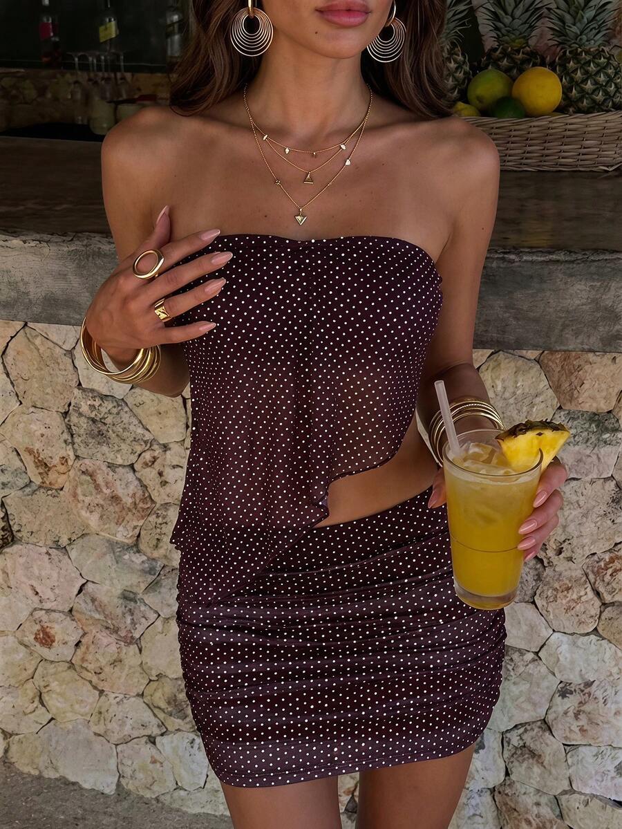 Privoire Women's Sexy Backless Tube Top Brown And White Polka Dot Bodycon Skirt 2-Piece Set Suitable For Beach Vacation Summer - Brown - View 1