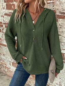 SHEIN Clasi Sudadera con capucha de talla grande para mujer, color liso, manga raglán larga, media abertura con botones y cordón - Verde militar - Ver 6