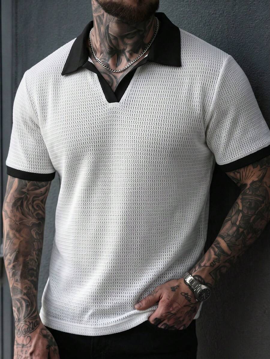 Manfinity Homme Men's V-Neck Contrast Color Casual Polo Shirt - White - View 1