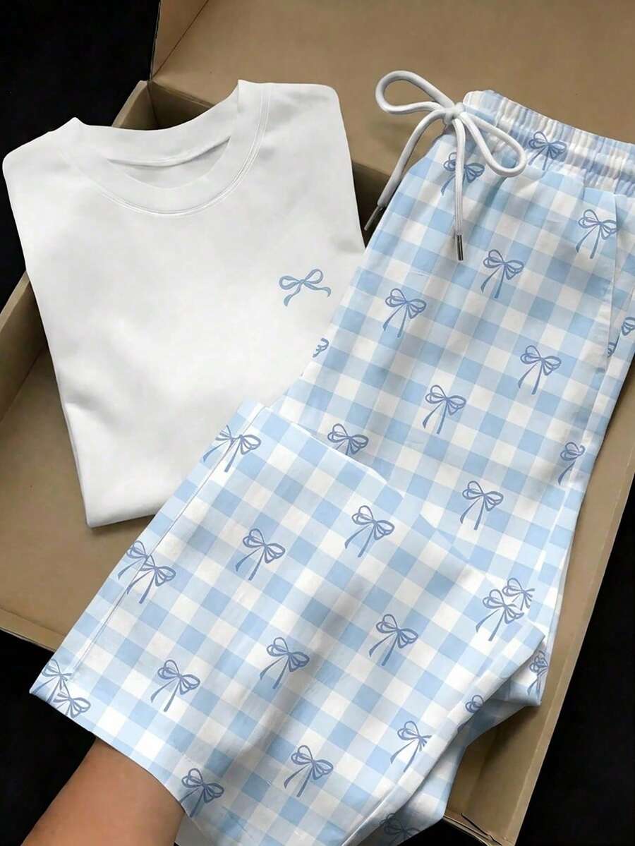 Attitoon 2pcs Set Embroidered Round Neck Short Sleeve Top And Striped Print Pants, Casual - Baby Blue - View 1
