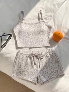 SHEIN EZwear 复古白色豹纹露脐吊带背心短裤套装，夏季穿搭，适合日常通勤、约会、派对、圣诞节、新年、感恩节、婚礼、海滩、毕业典礼等场合，时尚优雅，休闲舒适，适合外出、约会、预订、通勤、闪亮、情人节、度假、休闲、Y2K、外出、毕业典礼等场合。 - 彩色 - 查看 7