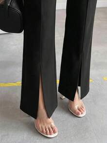 Editum 女款時尚百搭通勤純色開衩長褲 - 黑色 - 查看 5