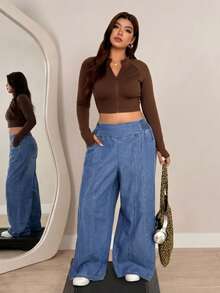 Flexra Chic Light Blue Elastic Waist Wide Leg Loose Fit Daily Wear Plus Size Jeans For Women - Medium Wash - View 6