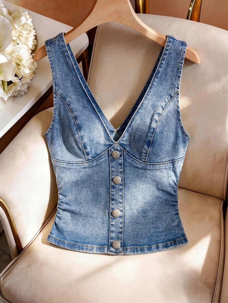 EMERY ROSE Women's Summer Casual Sleeveless Denim Top - Blue - View 1