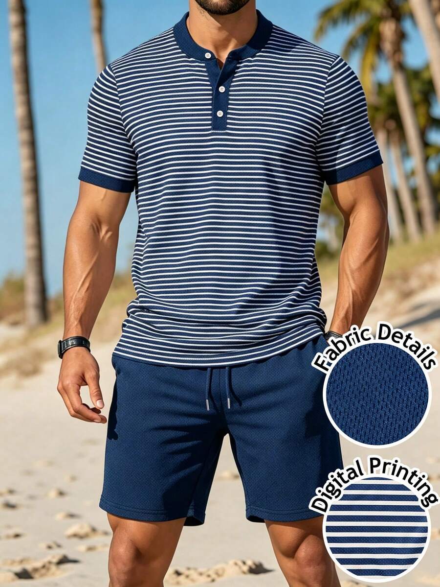 Manfinity Dauomo Men's Simple Button Half-Placket Short Sleeve Striped Polo Shirt And Drawstring Waist Pocket Shorts Set - Multicolor - View 1