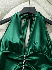 SHEIN LUNE New Sexy V-Neck Cross Neckline Tie Sleeveless Shiny Fabric Elegant Commute Wear Young Versatile Daily Slim Fit Women's Mini Dress, Satin, Dark Green - Dark Green - View 4