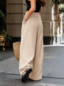 SHEIN Holidaya Women's Solid Color Pleated Casual Versatile Daily Wear Pants Vacation Beige Autumn - Apricot - View 4