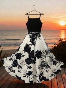 Franclia Plus Size Women's Elegant Floral Print Spaghetti Strap Vacation Dress - Multicolor - View 2