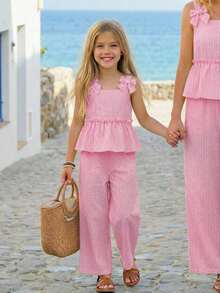 Emery Rose Kids Emery Rose Kids 女童編織素色細肩帶上衣與長褲兩件套 - 粉色 - 查看 1