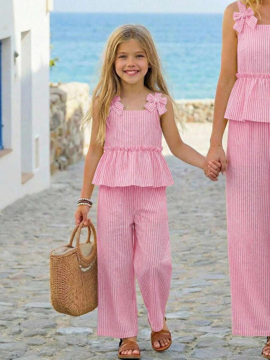 Emery Rose Kids Emery Rose Kids 女童編織素色細肩帶上衣與長褲兩件套 - 粉色 - 查看 1