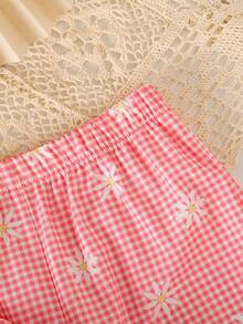 SHEIN Elladie kids 女童新款清新田園風精緻碎花兩件套，棕色蝴蝶結裝飾無袖背心上衣 + 同款碎花寬腿長褲，甜美可愛時尚日常穿搭，夏季 - 粉色 - 查看 5