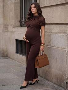 MaterniWear Maternity Solid Color Stand Collar Pleated Wide Leg Elegant Maternity Maternity Jumpsuit Baby Shower Photoshoot Summer Photoshoot - Brown - View 4