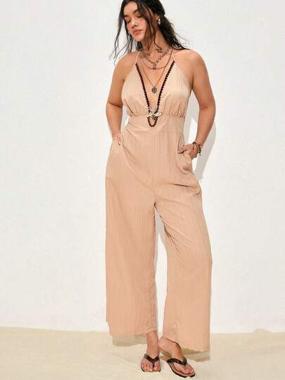 Nubod Plus Size Brown Deep V Neckline Lace Trim Patchwork Dogtooth Tie-Up Beach Vacation Casual Date Commute Sexy Jumpsuit