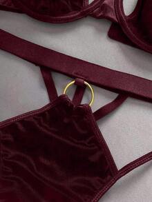 EmpressEnvy Women's Burgundy Shiny Elastic Satin Underwire Fashion Bra With Decorative Strap, Round Buckle, Triangle Cup Hook & Eye Closure, High Waist Thong 2pcs Set - Burgundy - View 5