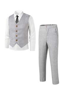 2pcs/Set Grey Striped Slim Fit Vest+Striped Textured Long Trousers,Formal Wear For Birthday Party,Performance,Wedding Season,Black To School - Grey - View 3
