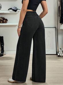 SHEIN Tall 女款高個子休閒百搭設計高腰直筒牛仔褲 - 黑色 - 查看 3