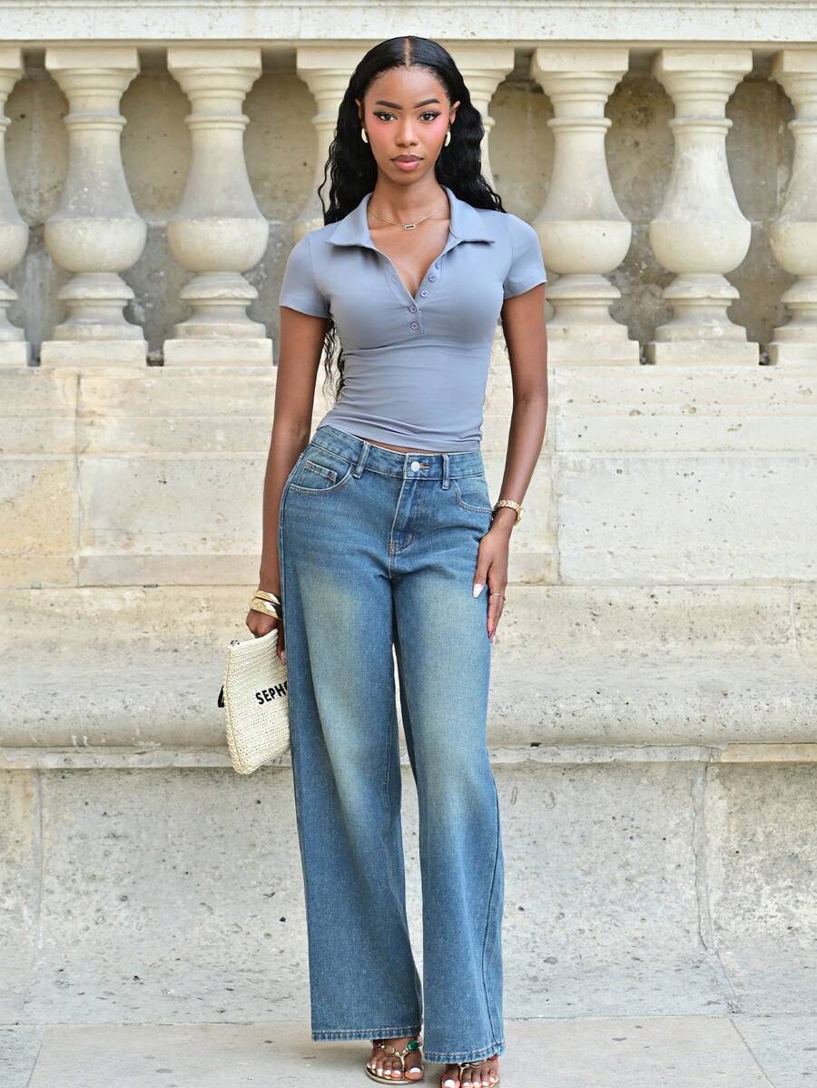 Mima John Celana Jeans Kasual Wanita dengan Kancing Depan dan Saku Sederhana - Biru - View 1