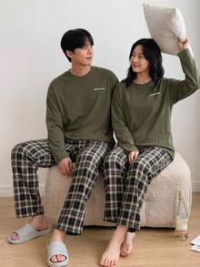 DAZY Conjunto de pijama con camiseta estampada con letras y pantalón a cuadros para hombres, ropa de primavera/otoño, otoño e invierno - Verde militar - Ver 4