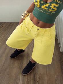 SHEIN Unity Women's Vintage Streetwear Casual Solid Color Pocket Loose Denim Capris Travel Yellow Summer - Yellow - View 6