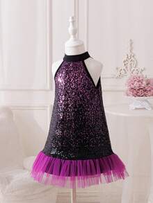 SHEIN Glamorique Kids 女童嬰兒黑色亮片無袖洋裝，生日派對新娘 7 週年婚禮，薄紗公主風冬季款 - 紫色 - 查看 3