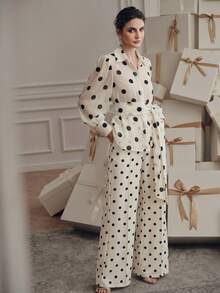 Anewsta Women's 2 Pieces Set Polka Dot Shirt Wide-Leg Pants Elegant Versatile Fashion Design Brunch Black And White Polka Dot Autumn Tea Party - Black and White - View 5