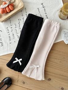 SHEIN Vintaside Kids 2件組女嬰休閒舒適微辣開衩長褲可愛蝴蝶結女嬰休閒長褲套裝 - 彩色 - 查看 7