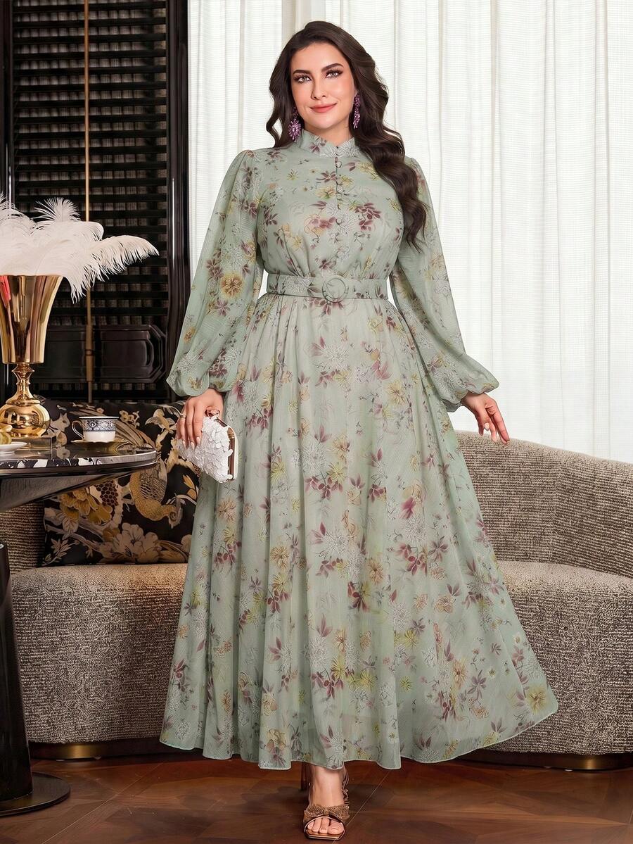 Modelyn 大码女式碎花灯笼袖优雅收腰中长连衣裙 - 綠色 - 查看 1