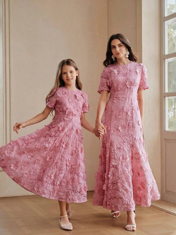 Anewsta Tween Girl New Short Sleeve Long A-Line Pink Lace Dress With 3D Floral Applique, Children's Dress